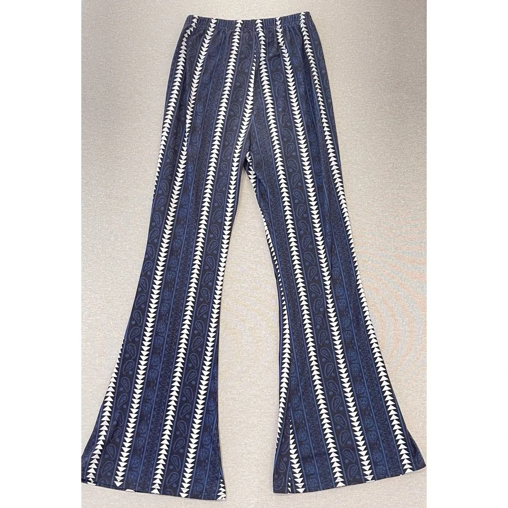 Navy Geometric Flare Pants Y2K Bell Bottom‎ Stretch High Waist Trendy
